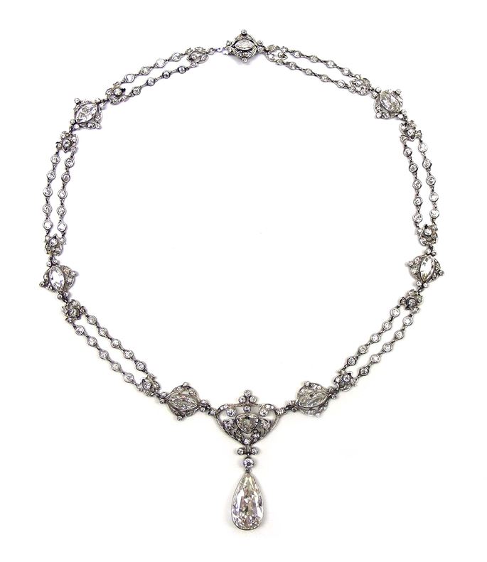 Art Nouveau pear shaped diamond set necklace,  hung with a 7.15ct H IF Type IIa pear shaped diamond drop to the front | MasterArt